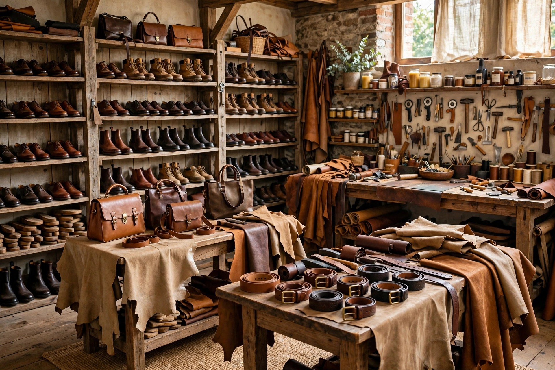 European footwear and leather goods showroom with leather shoes, boots, handbags, belts and leather hides