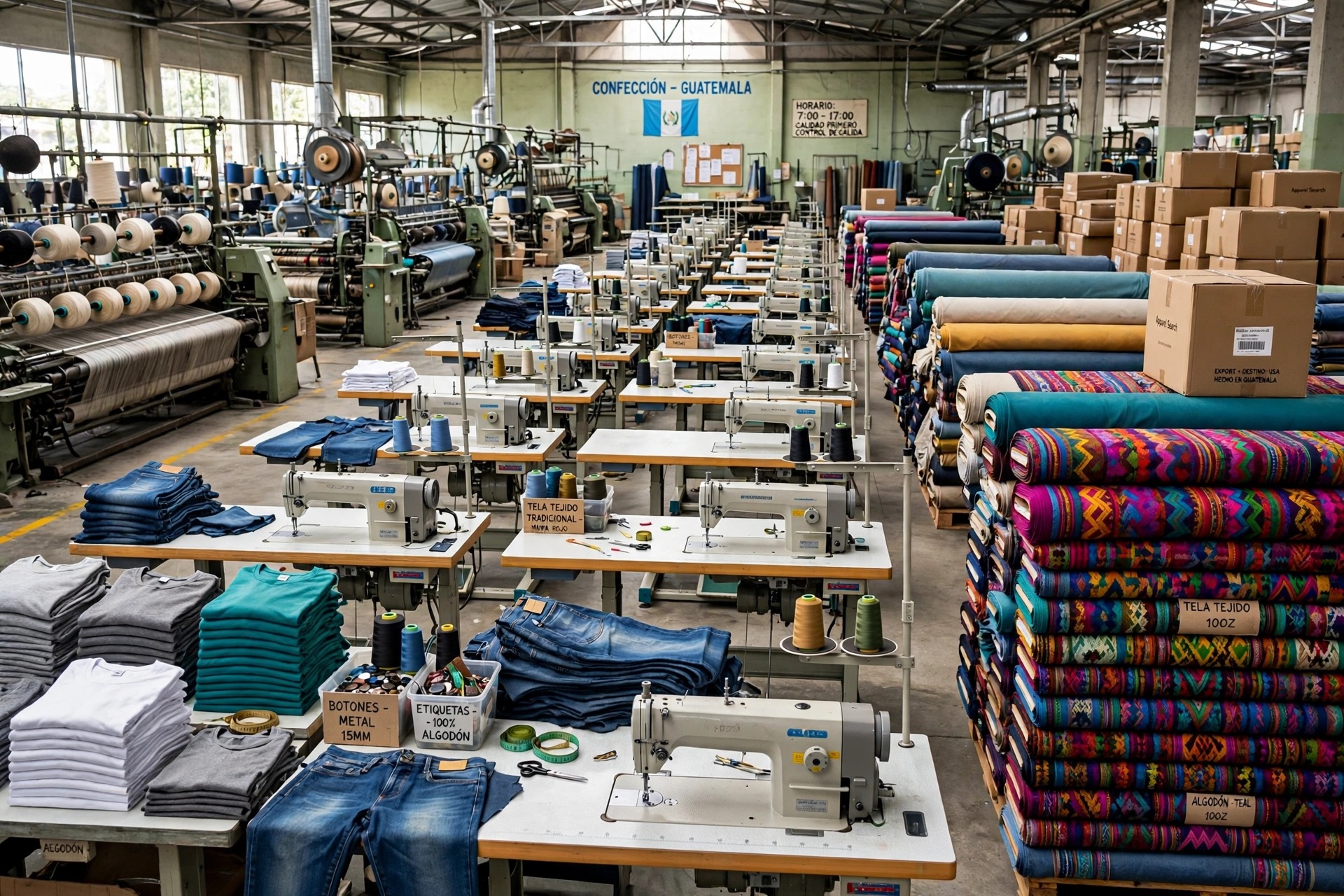 Guatemalan garment and textile workshop with sewing workstations making denim jeans and t-shirts, rolls of colorful woven fabric, textile mill equipment and export shipping cartons