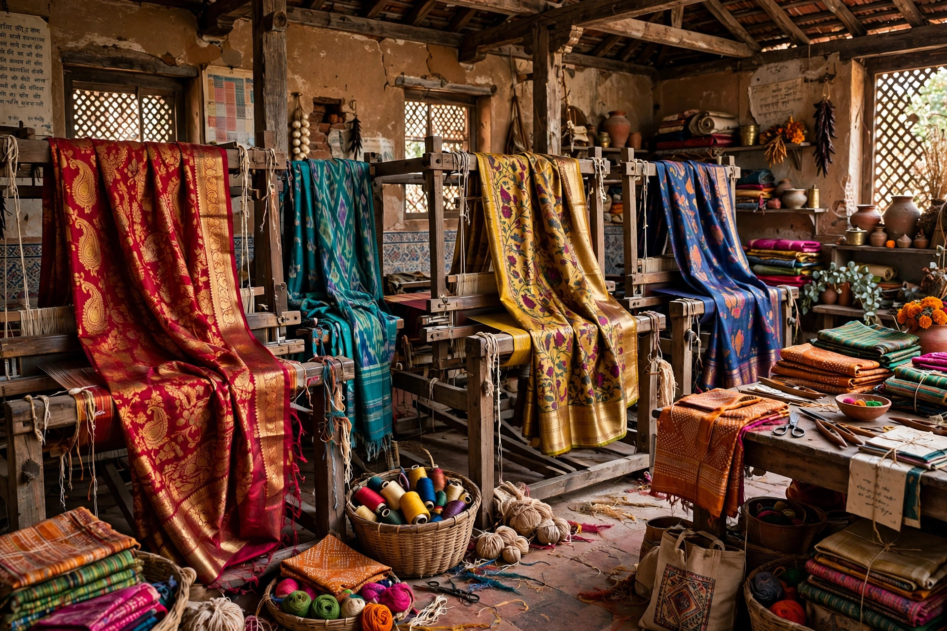 Traditional Indian textiles, handwoven cotton and silk fabrics draped over wooden looms in a heritage weaving workshop