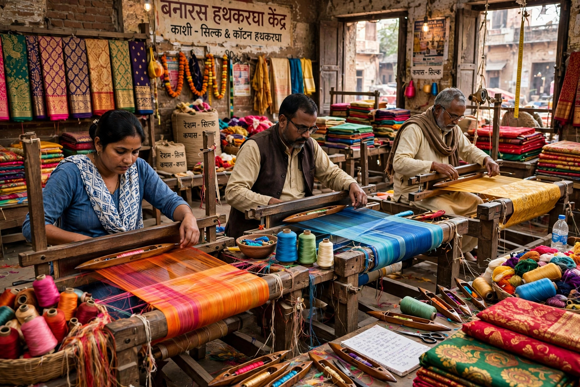 Indian handloom weavers at wooden looms weaving bright silk and cotton fabric in a workshop
