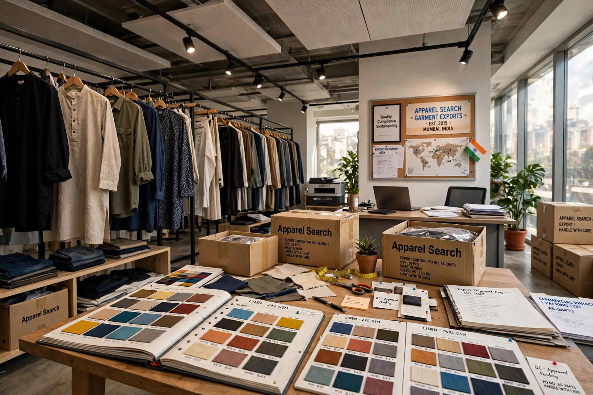 Indian garment export showroom with clothing samples on rails, fabric swatch books and shipping cartons