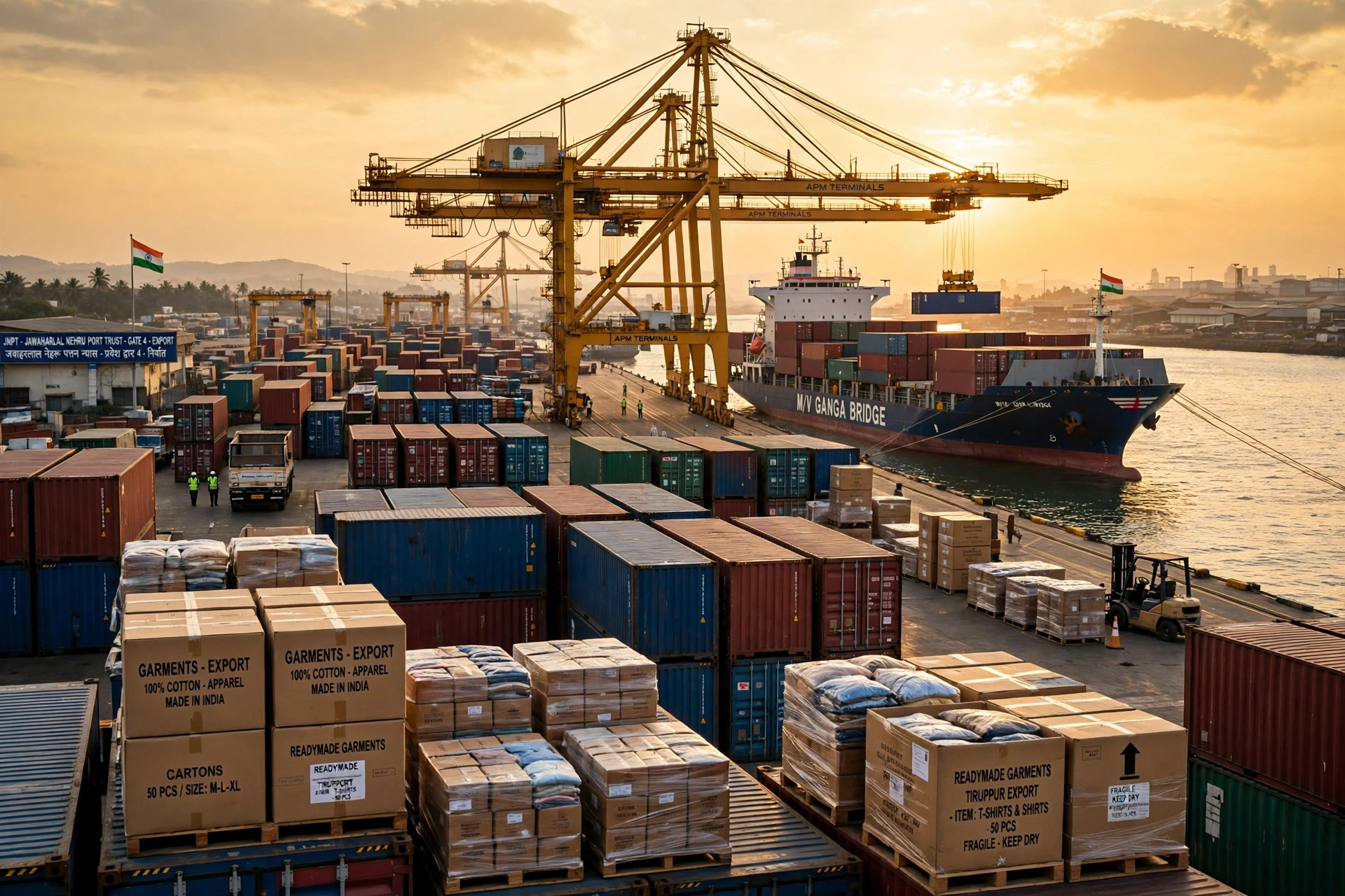 Container port in India loaded with shipping containers and cartons of garments for export