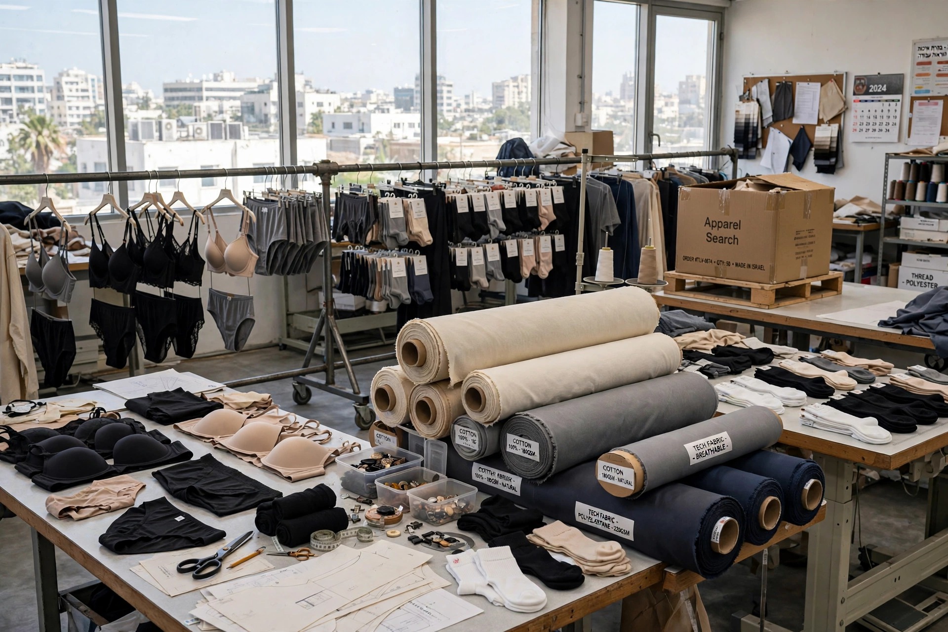 Garment workshop in Tel Aviv, Israel, with fabric rolls, socks and intimate apparel on work tables, a rail of finished garments and a shipping carton
