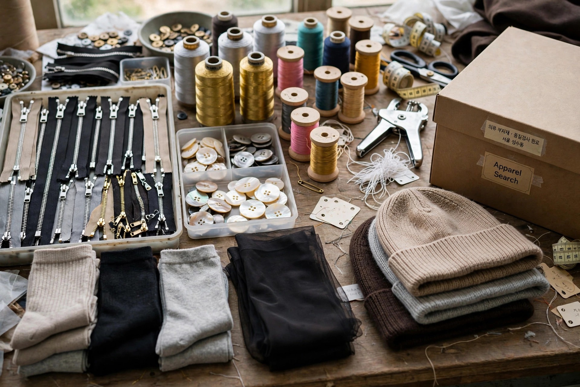 Clothing trims and accessories workbench in South Korea with zippers, sliders, shell buttons, tagging tools, folded socks and knitted caps