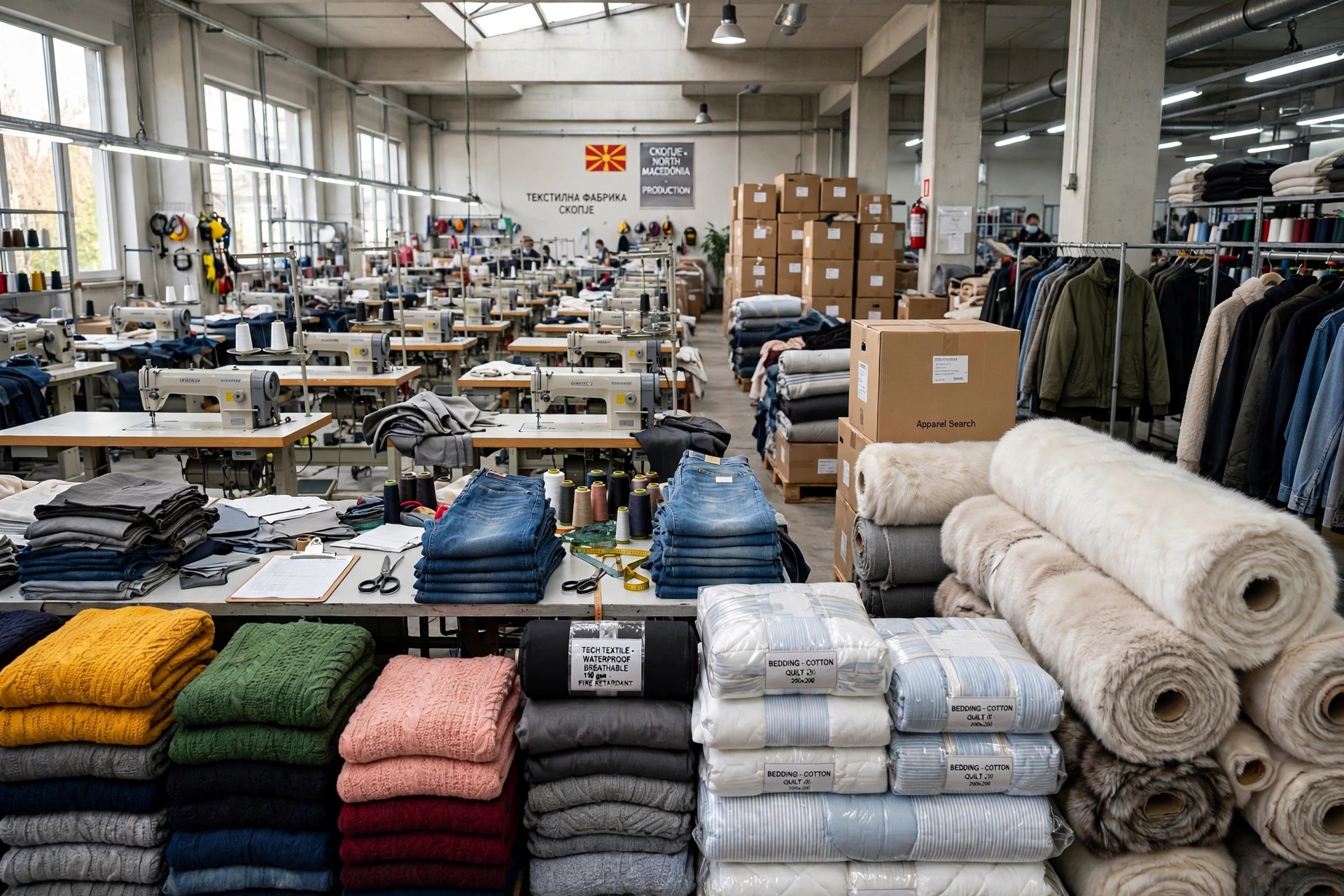 Textile and clothing factory in Macedonia with rows of industrial sewing machines, denim jeans, colourful knitted cotton fabrics, rolls of artificial fur fabric, bedding textiles and technical textile material, clothing racks and export shipping cartons