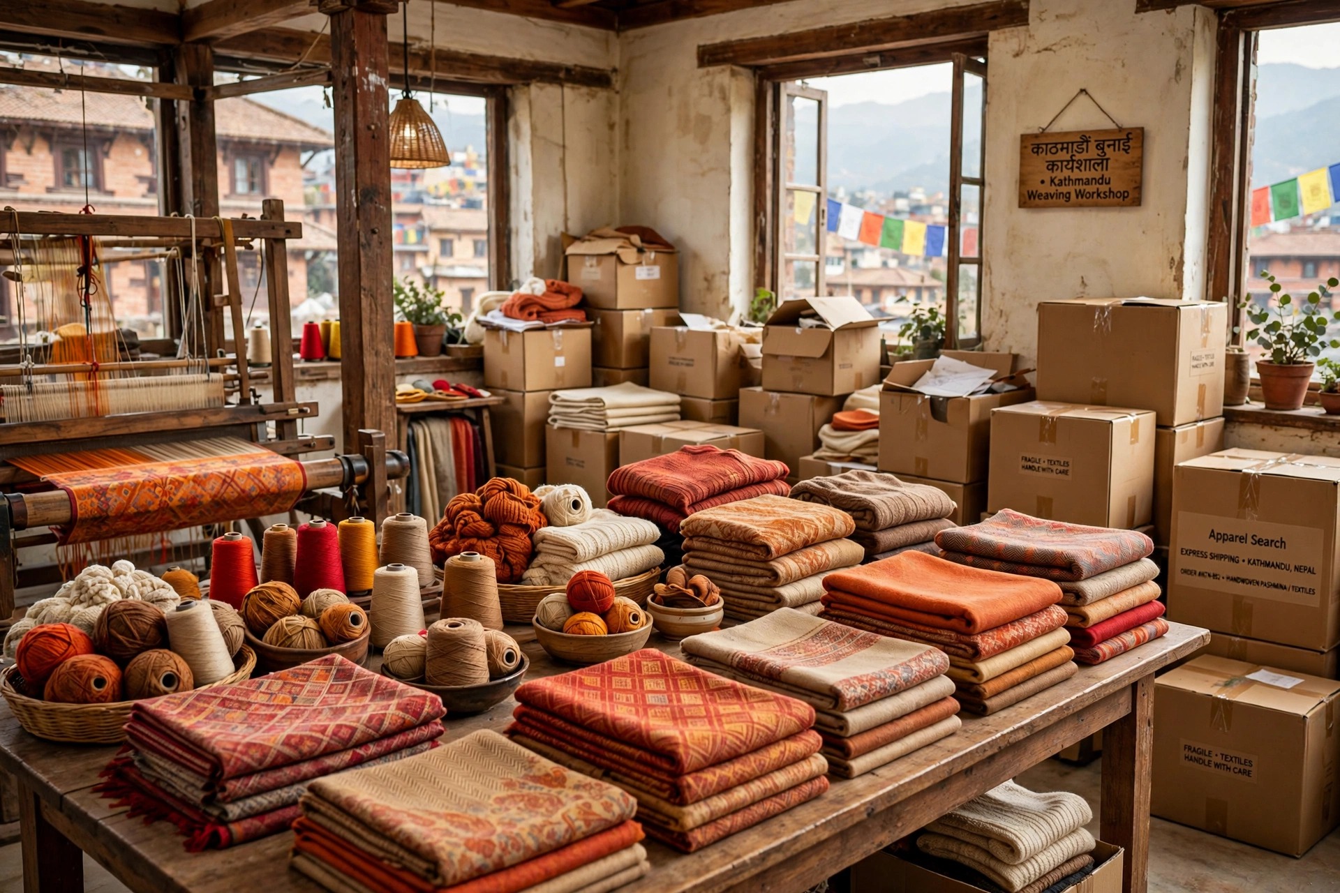 Textile workshop in Kathmandu, Nepal, with colorful pashmina shawls, woven textiles and knitwear in warm reds, oranges and natural tones, folded shawls and scarves, spools of yarn, and export cartons