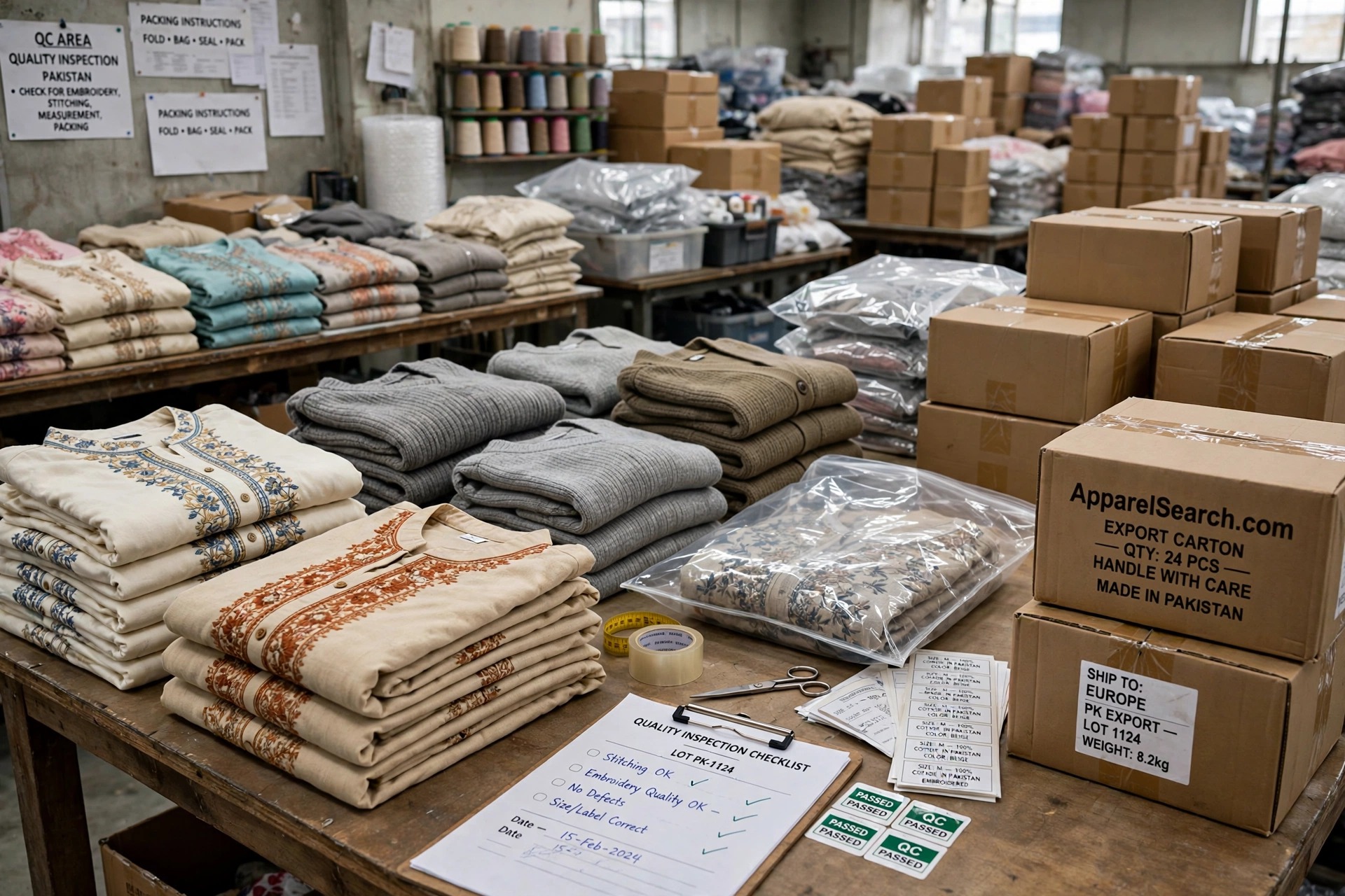 Garment quality inspection and packing tables in Pakistan with folded embroidered cotton garments and knitwear, packing bags and export cartons