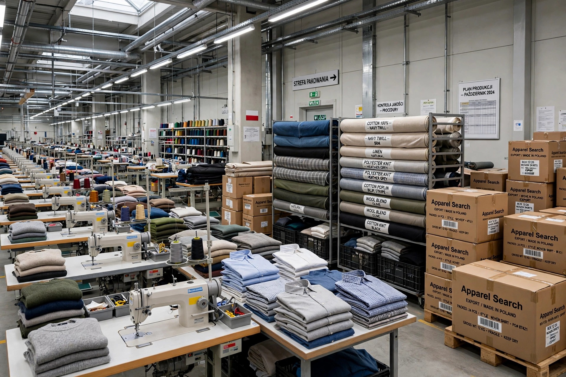 Garment factory workshop in Poland with sewing workstations, folded knitwear and woven shirts, spools of thread, rolls of fabric and export cartons