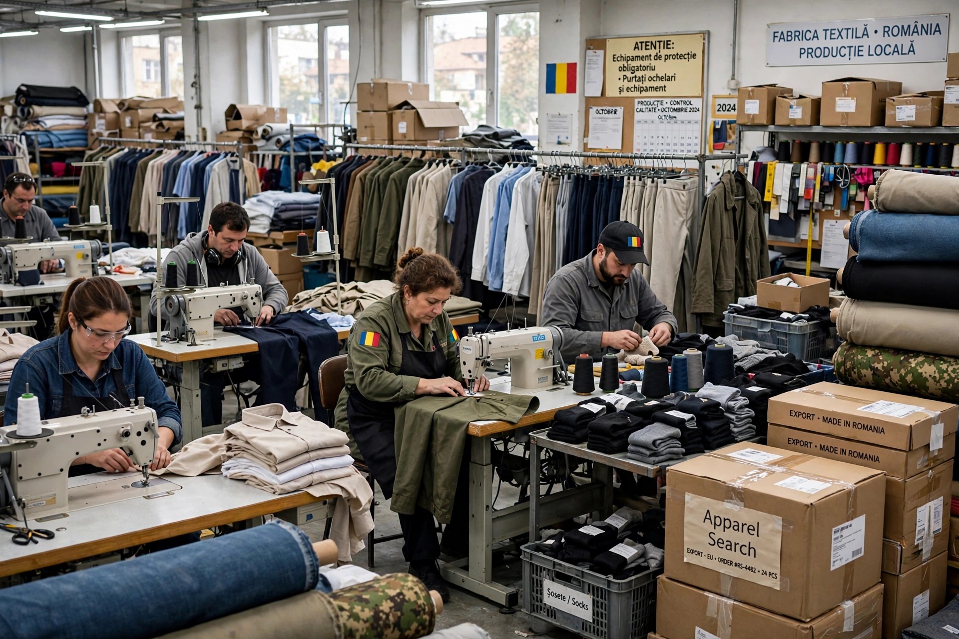 Textile factory in Bucharest, Romania, with adult workers at industrial sewing machines, bolts of cotton fabric, racks of finished jackets and trousers, a rubber boot moulding machine with rubber boots, and export cartons of jackets and T-shirts, one carton printed Apparel Search